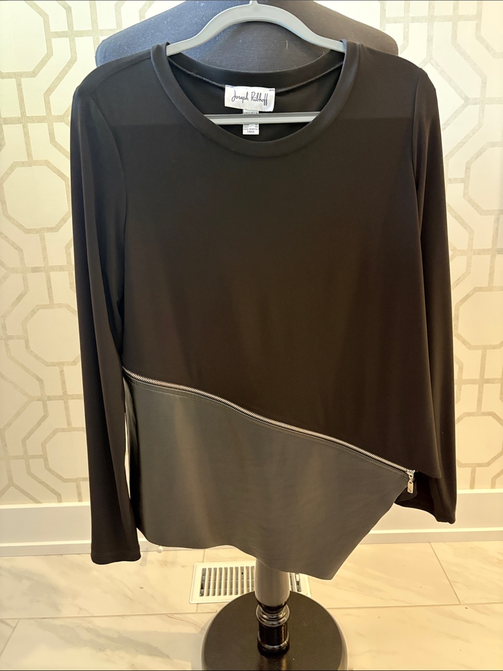 Joseph Ribkoff Black Long-Sleeve Top with Diagonal Zip Panel